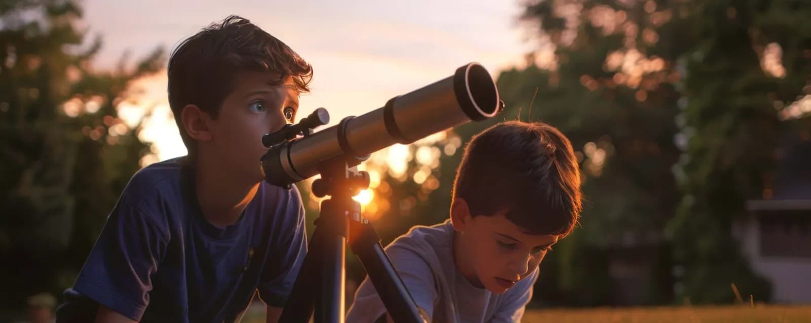 Two students looking through a telescope at sunset